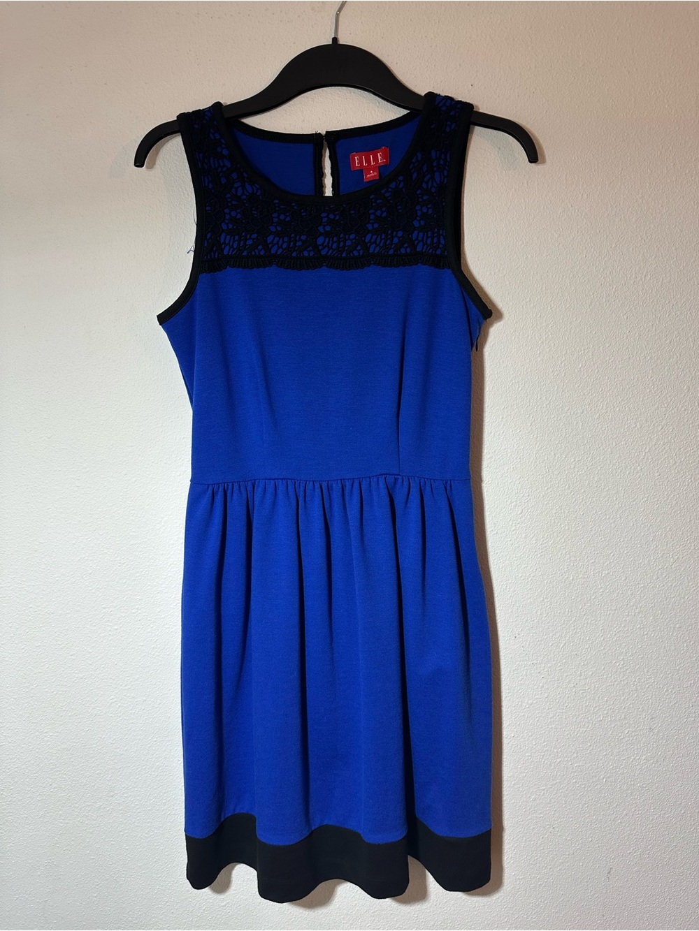Sleeveless Fit and Flare Blue Dress with Black Lace Yoke